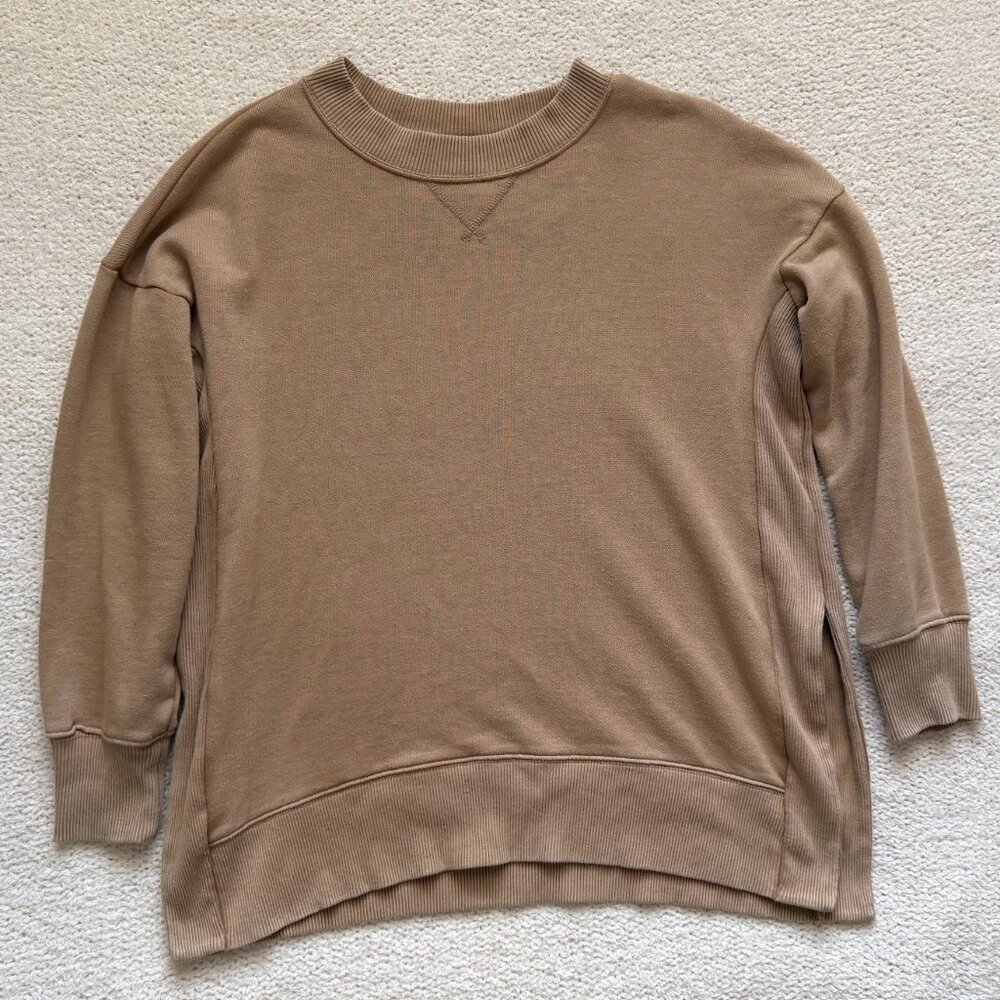 Aerie Oversized Tan Washed Sweatshirt Crewneck Slouchy Cozy Womens Size S Boho